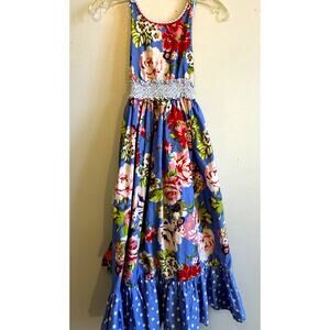 Matilda Jane Adventure Begins Heart Song Blue Floral Maxi Dress Tiered Boho Sz 8